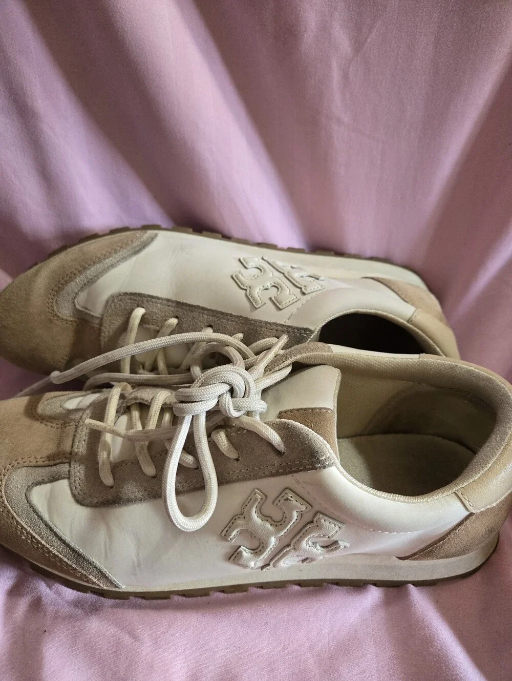 Tory Burch Beige & White Nylon, Leather & Suede-Trim Running Sneakers